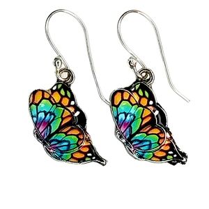 Artisan Painted Butterfly Sterling Silver Plated Earrings Gift Boho Nature Her